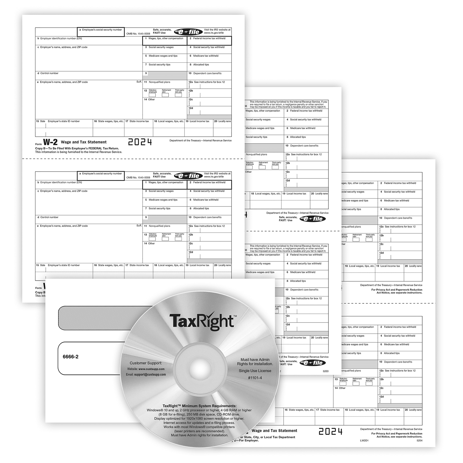 Picture of W-2 REC Copy Only Tax Form Set, 5-Part, 2-Up, with Envelopes & TaxRight Software, Pack of 50