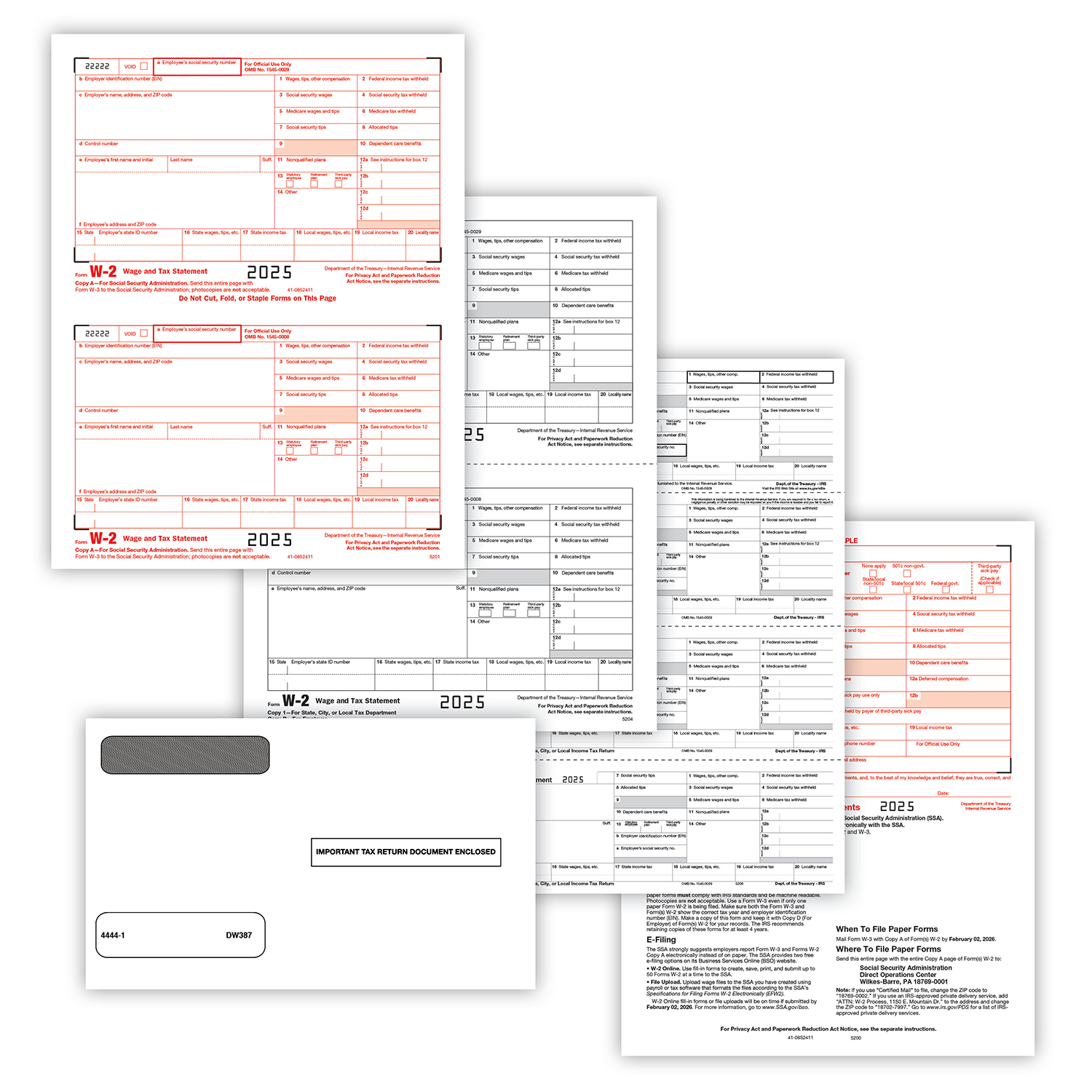 Picture of W-2 Set, 6-Part, 4-Up Horizontal with Gum-Seal Envelopes (50 Recipients)