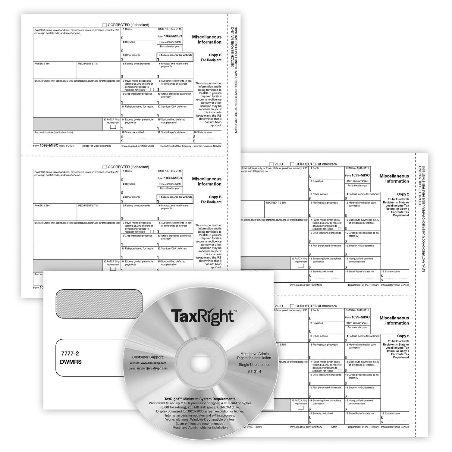 Picture of 1099-MISC REC Copy Only Tax Form Set, 3-Part, 2-Up, with Envelopes & TaxRight Software, Pack of 50