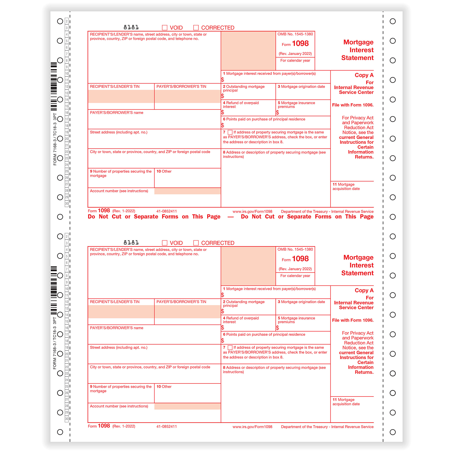 Picture of 1098-Mortgage Interest, 3-Part, 2-Up, 1-Wide, Continuous