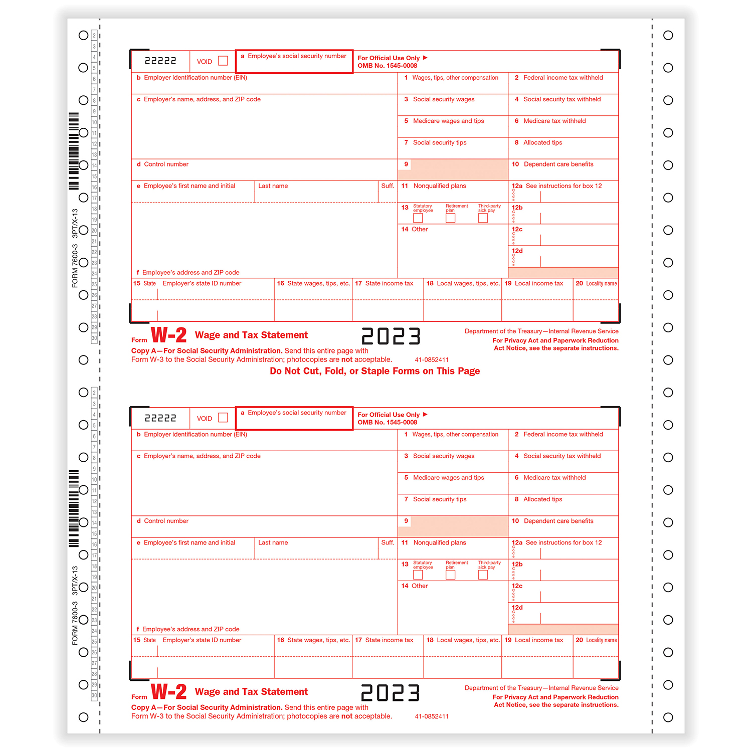 Picture of W-2 Twin Set, 3-part, Employer Carbonless