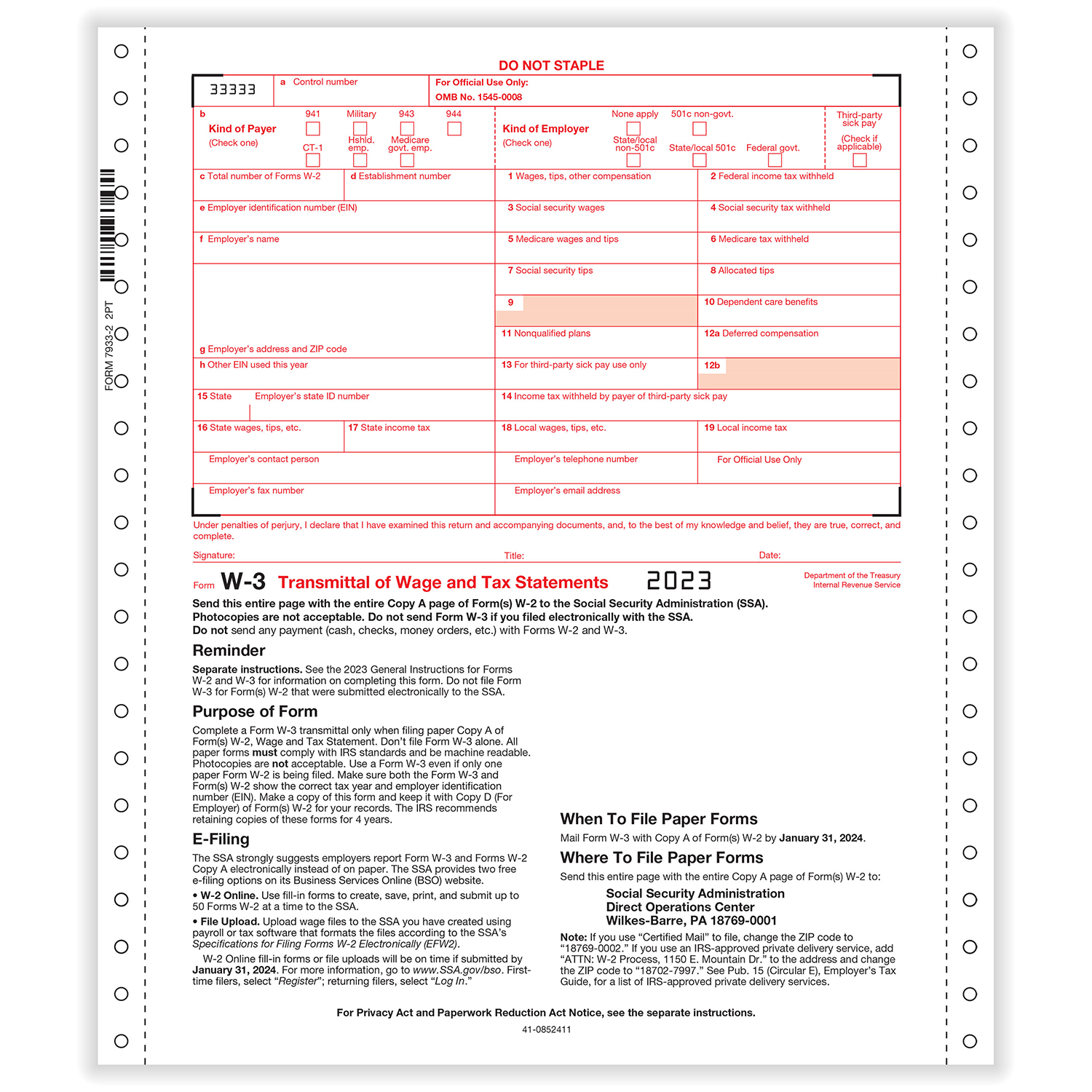 Picture of W-3 Transmittal of Income, 2-Part, 1-Wide Carbonless
