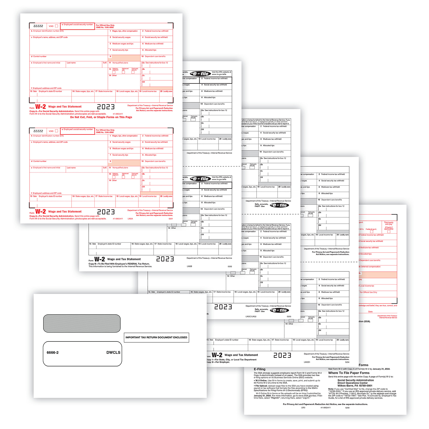 Picture of W-2 Set, Copy A,B,C,D,1,2 w/ Self-Seal Envelopes (DWCLS) (20 Employees/Recipients)