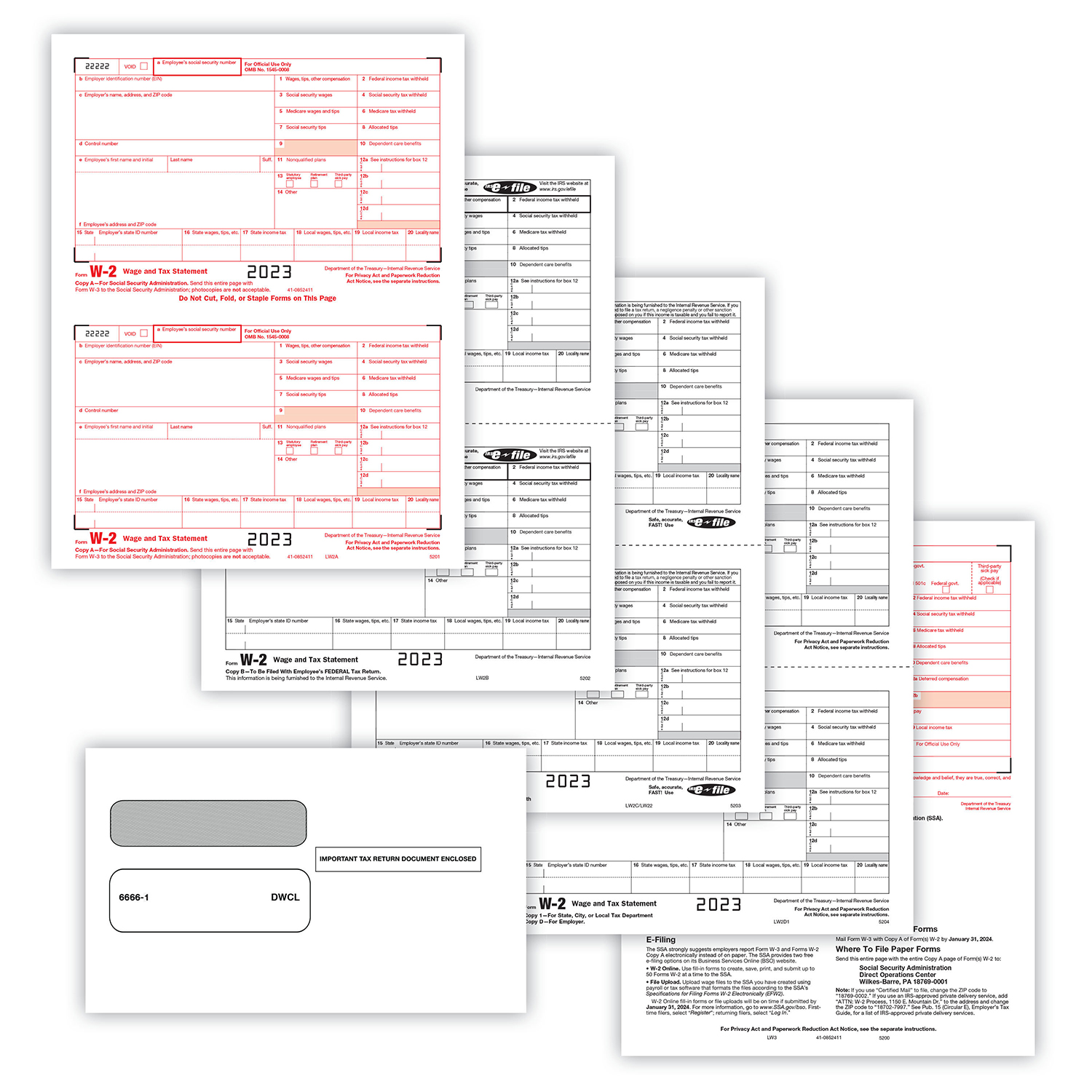 Picture of W-2 Set, Copy A,B,C,D,1,2 w/ Envelopes (DWCL) (100 Employees/Recipients)