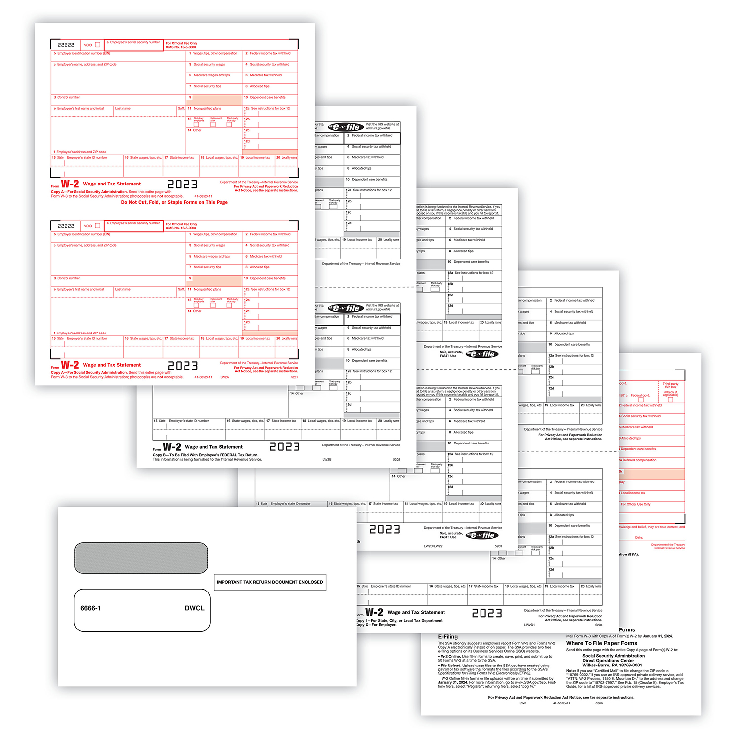 Picture of W-2 Set, Copy A,B,C,D,1,1,2,2 w/ Envelopes (DWCL) (100 Employees/Recipients)