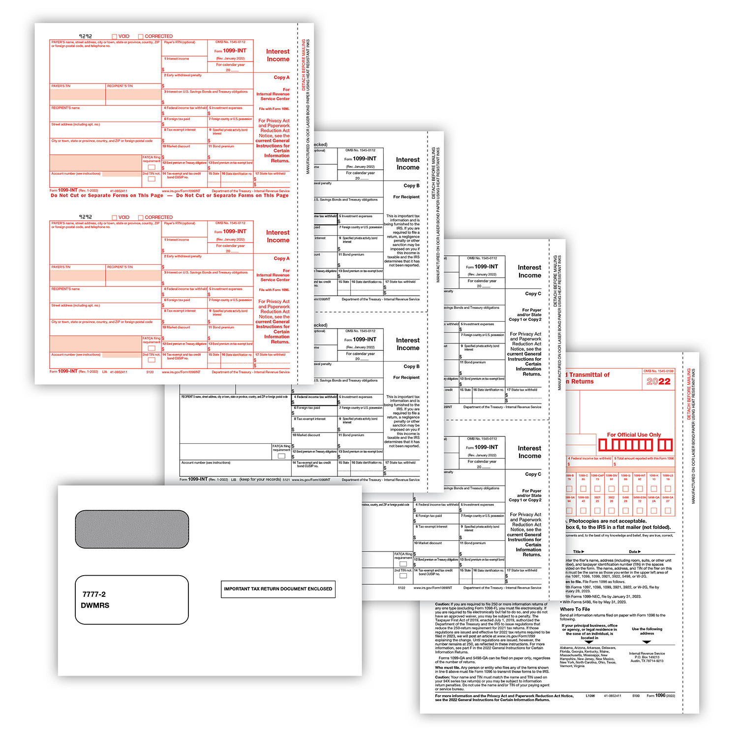 Picture of 1099-INT Set, Copy A,B,C,C w/ Self-Seal Envelopes (DWMRS) (20 Employees/Recipients)