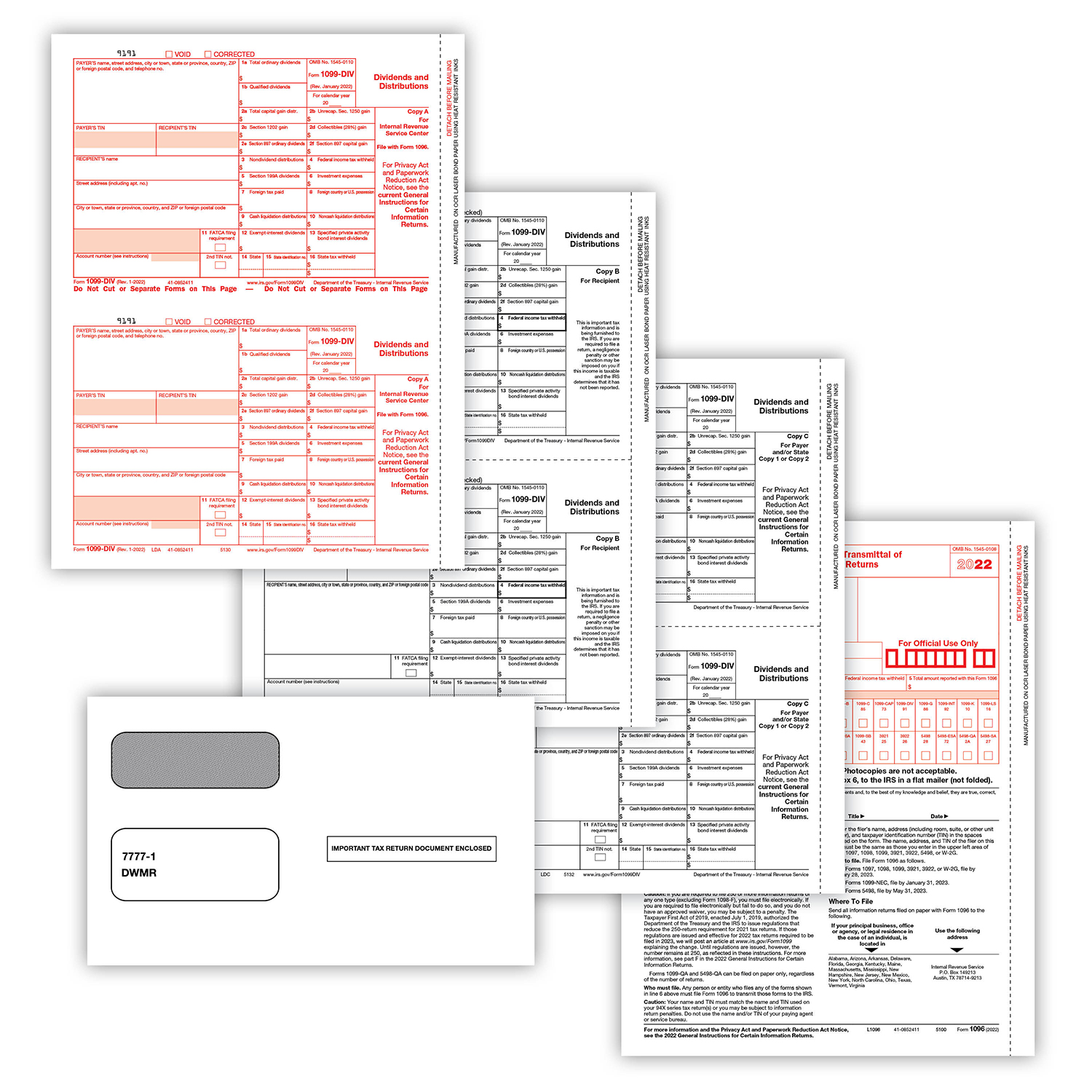 Picture of 1099-DIV Set, Copy A,B,C w/ Envelopes (DWMR) (100 Employees/Recipients)