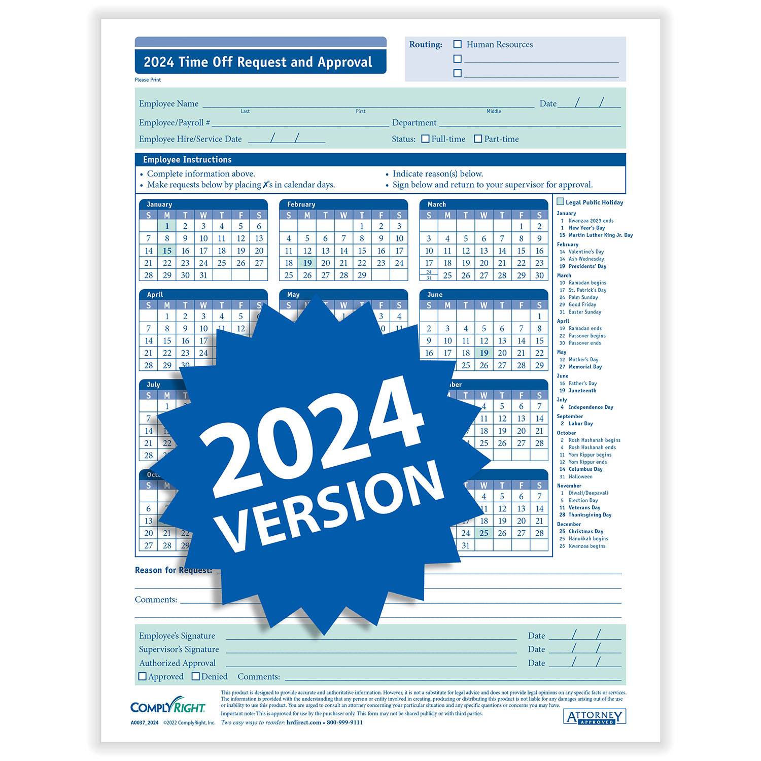 ComplyRightDealer 2024 Time Off Request & Approval Calendar, Pack of 50