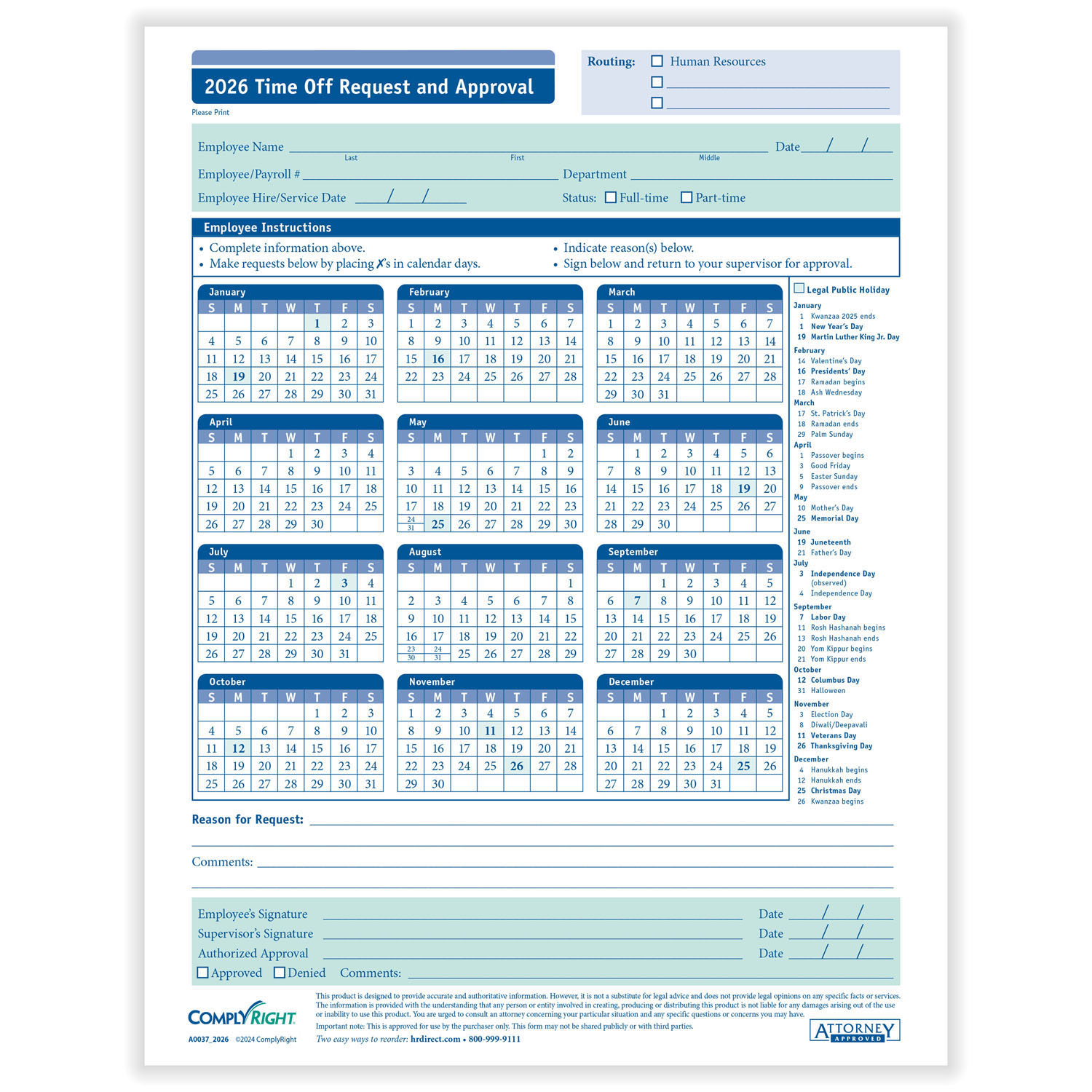 ComplyRightDealer | 2025 Time Off Request & Approval Calendar, Pack of 50