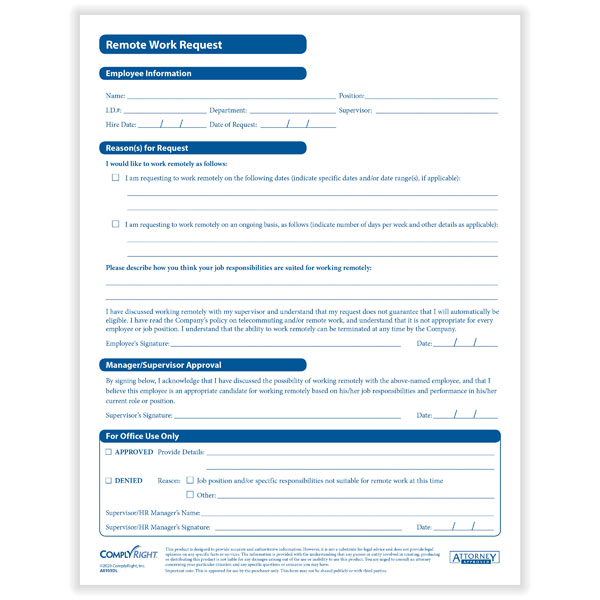 Picture of Employee Remote Work Request Form, Pack of 25