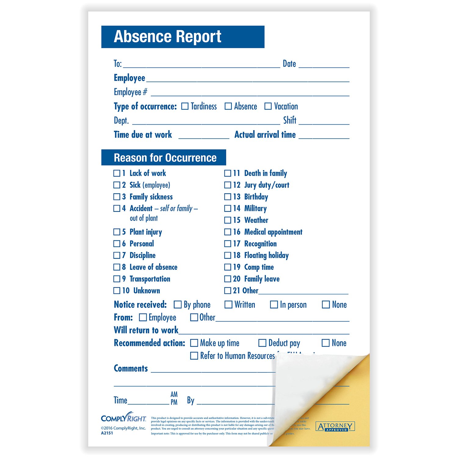 Picture of Absence Report Compact, 2-Part, 50-Pack
