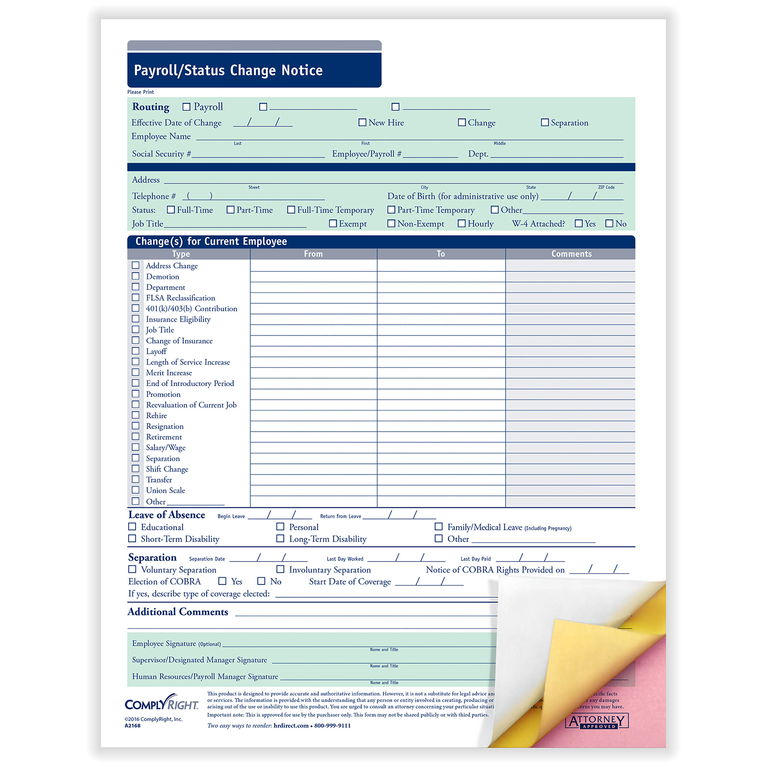 Picture of Payroll Status Change Notice, 3-Part, 50-Pack