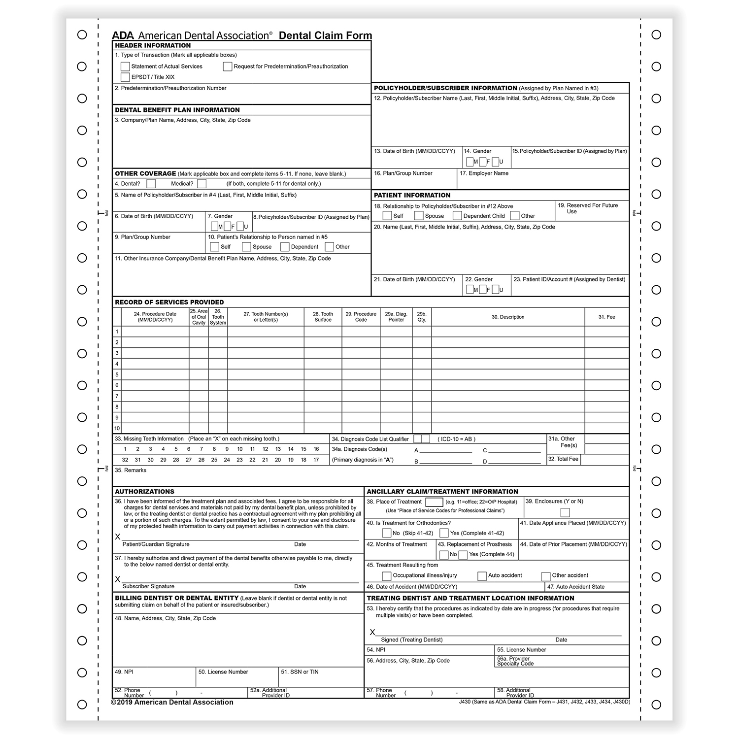 Picture of ADA Claim Forms, 1-Part, Continuous, Box of 2,500