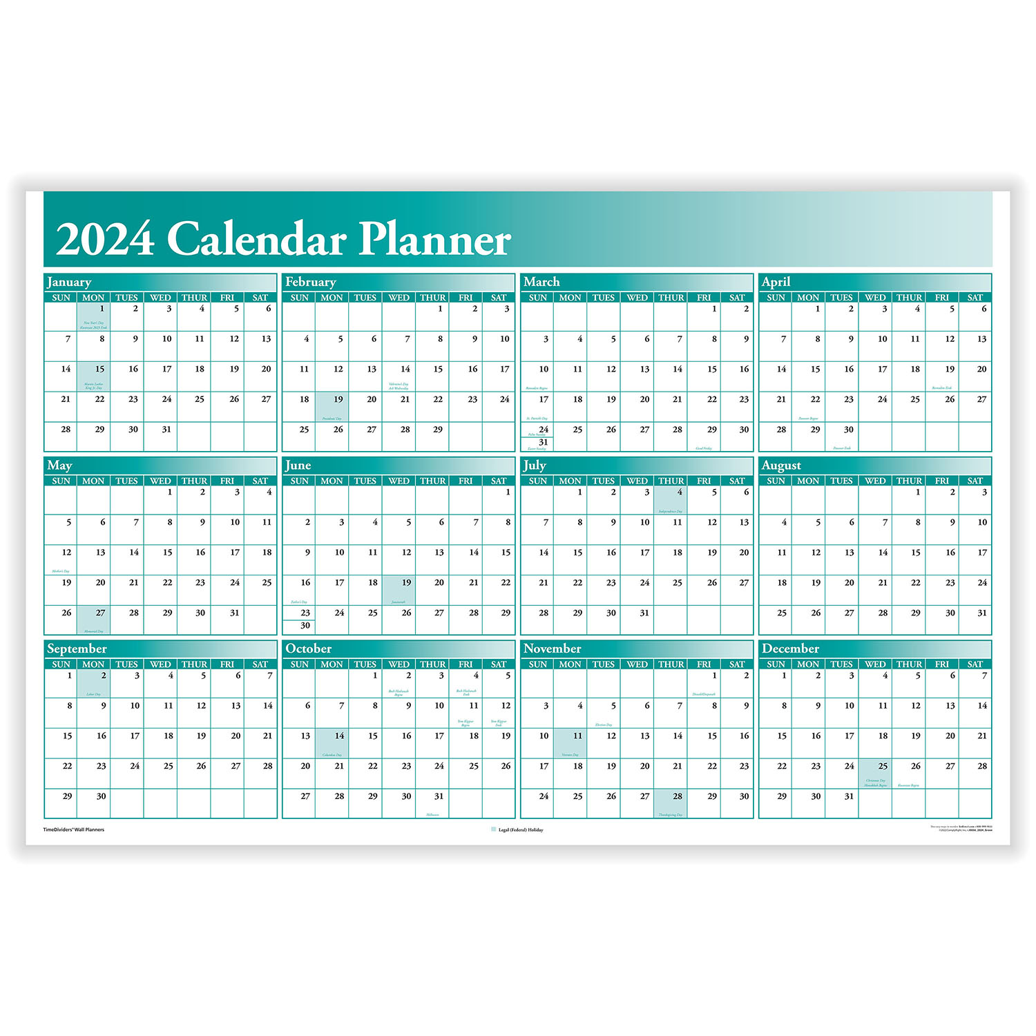 Picture of 2023 Full Calendar Planner, 2-Sided (36" X 24"), Green (Laminated, erasable, includes marker)