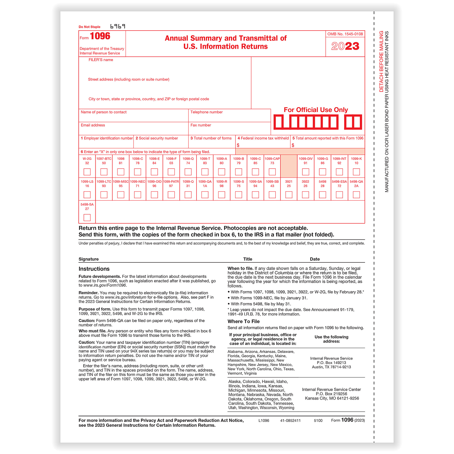 Picture of 1096 Transmittal & Annual Summary Form