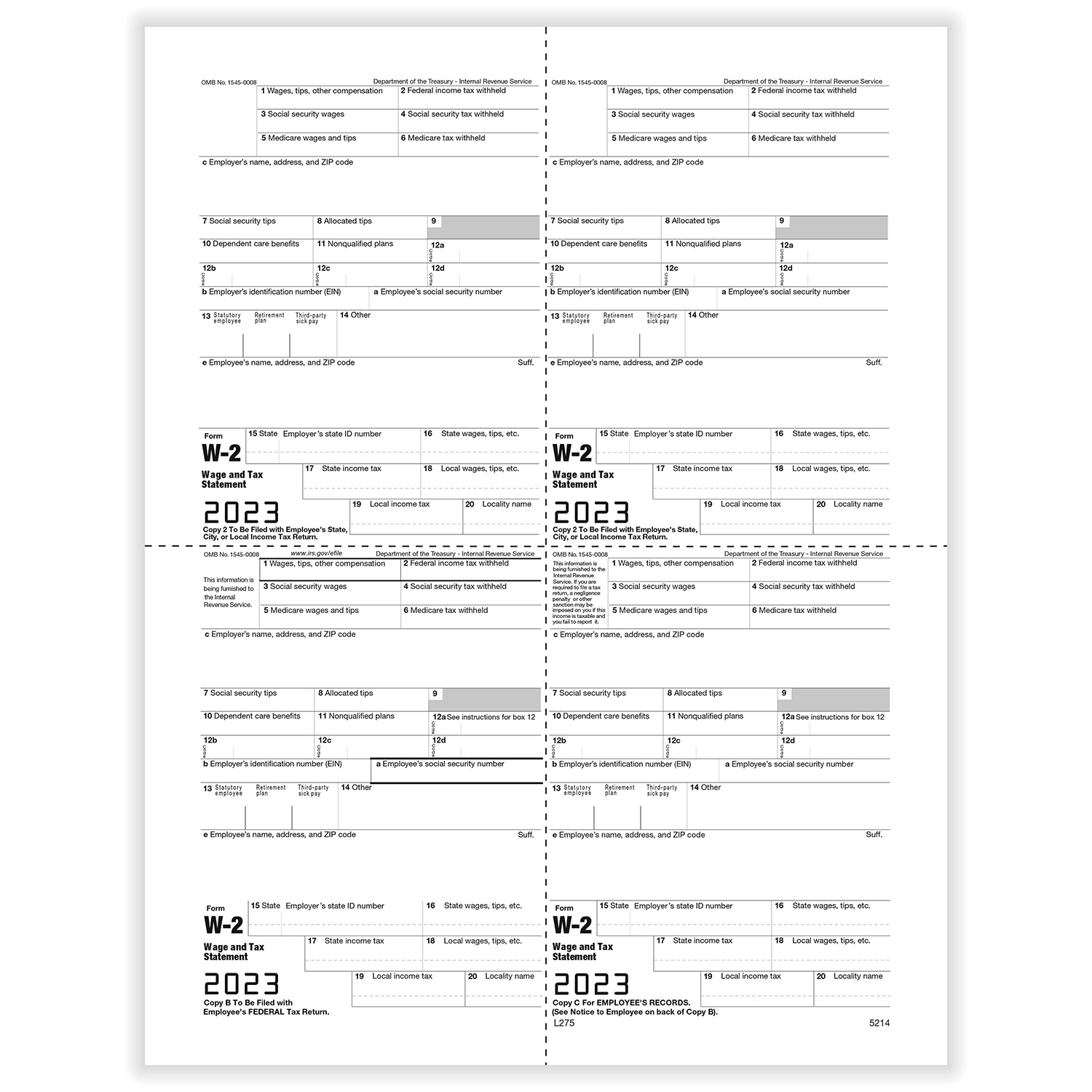 Picture of W-2, 4-Up Box, Employee Copy B,C,2 and 2 or Extra Copy (M Style) (500 Sheets)