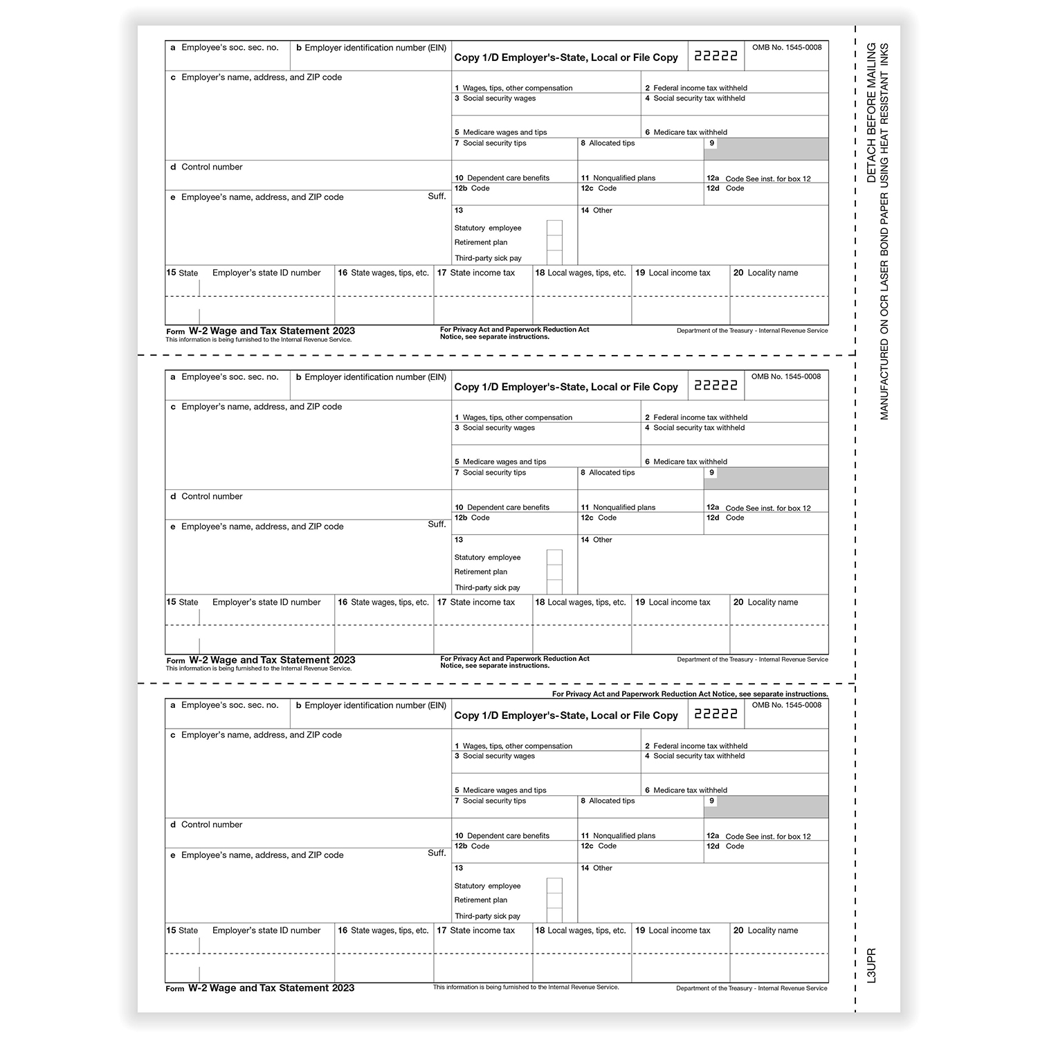 Picture of W-2, 3-Up, Employers Copy,1,1,D (50 Sheets)