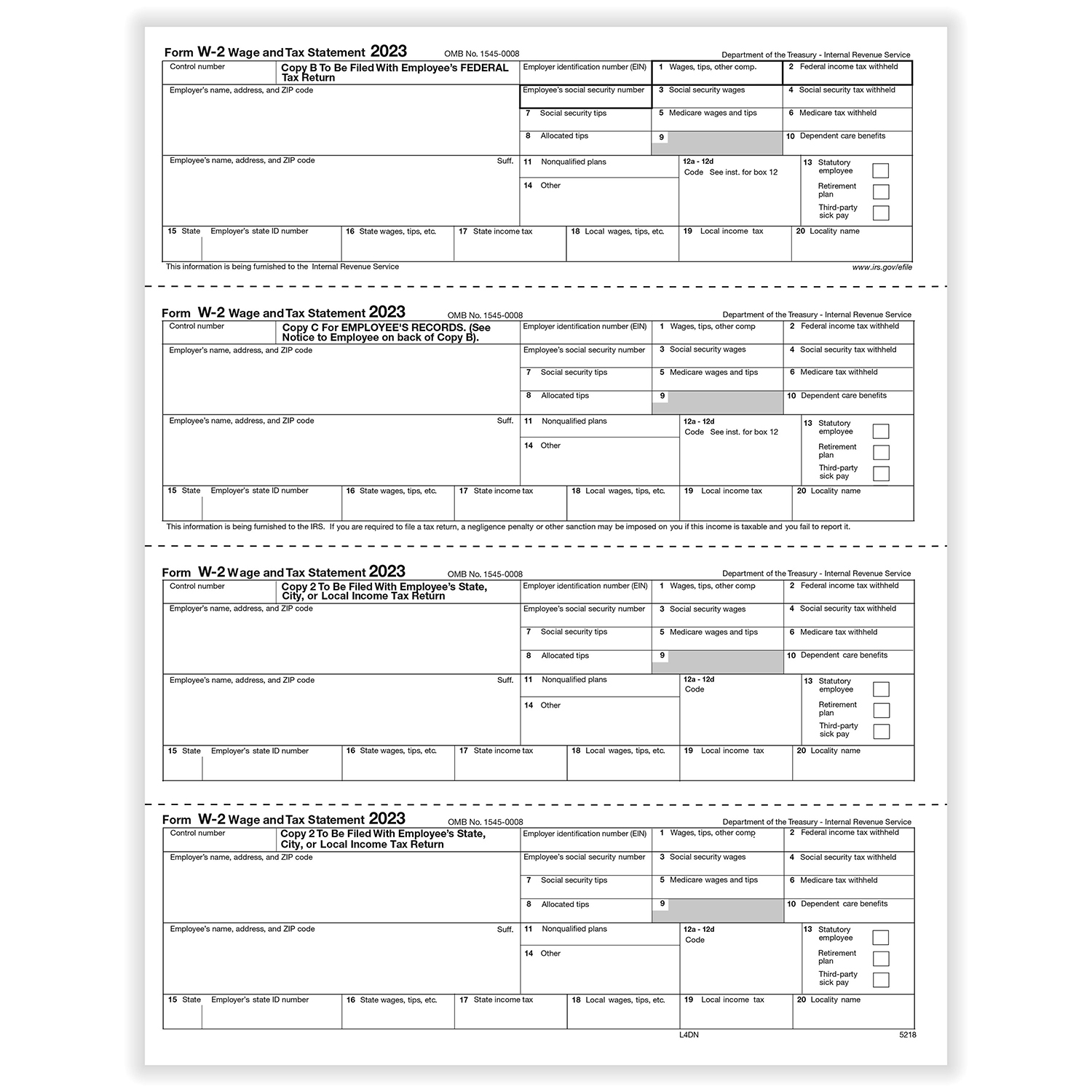 Picture of W-2, 4-Up Horizontal, Employee Copy B,C,2,2 or Extra Copy (N Style)