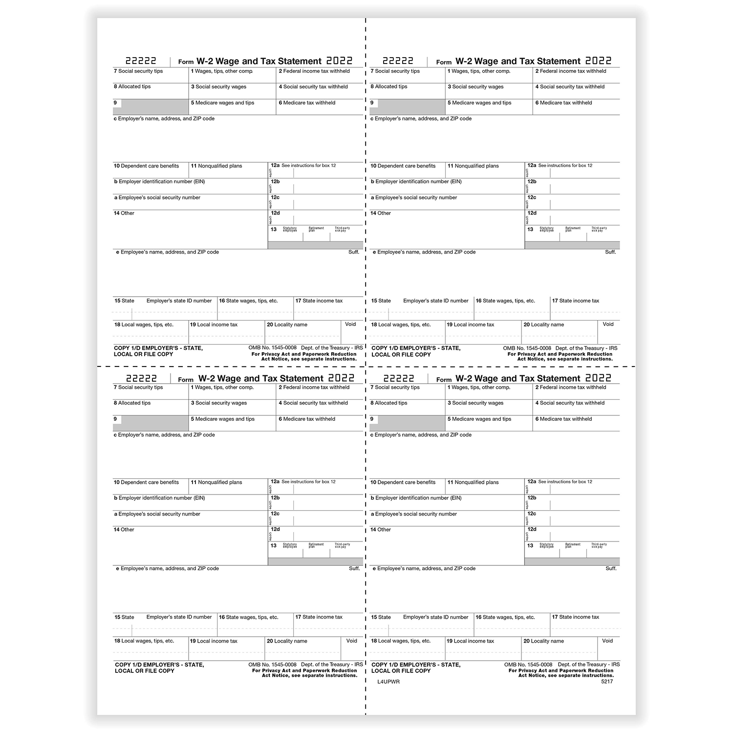 Picture of W-2, 4-Up Box, Employer Copy D or 1 State/City or Local (W Style) (500 Sheets)