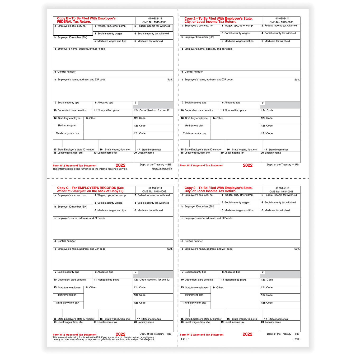 Picture of W-2, 4-Up Box, Employee Copy B,C,2 and 2 or Extra Copy (500 Sheets)