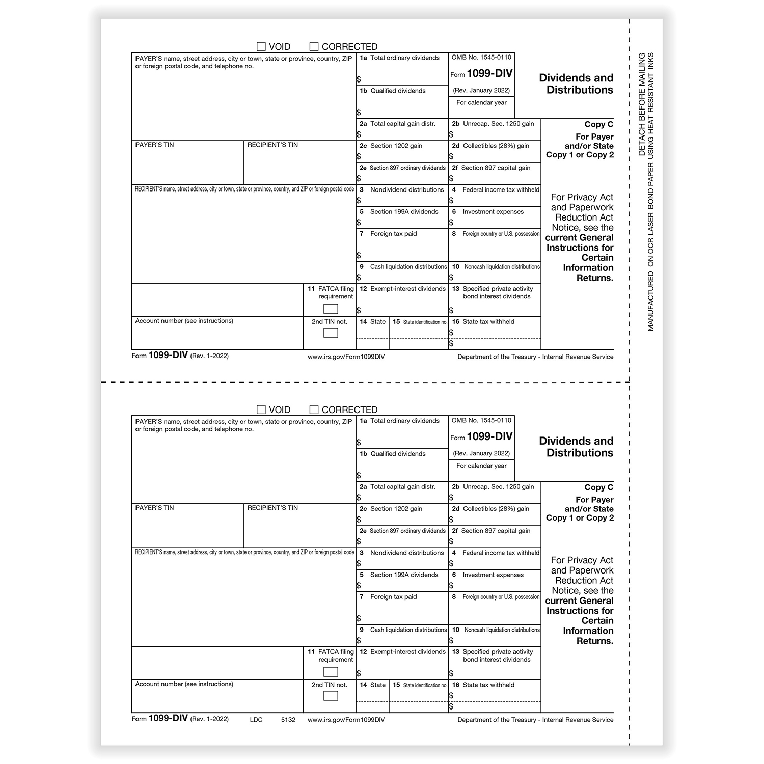 Picture of 1099-DIV, 2-Up, Payer or State Copy C (1,000 Forms)