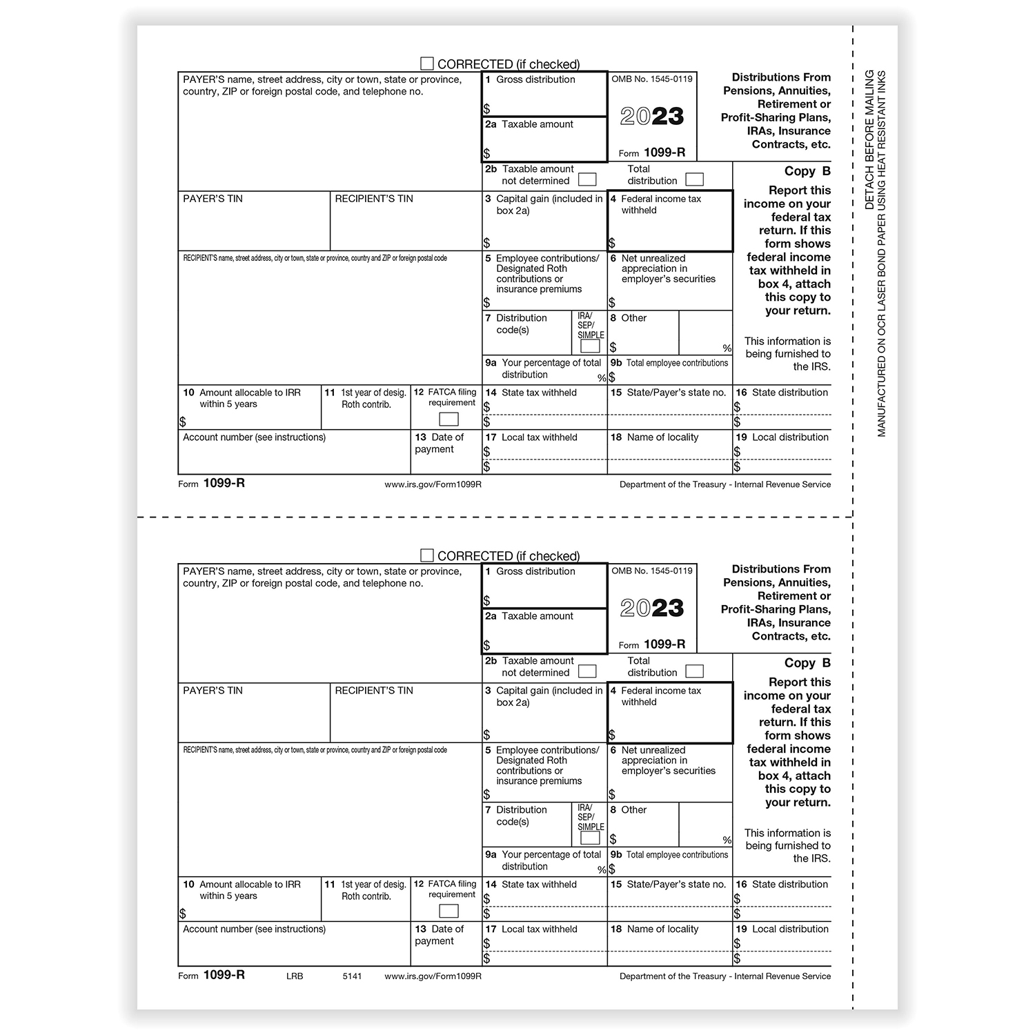 Picture of 1099-R, 2-Up, Recipient Copy B (500 Forms)