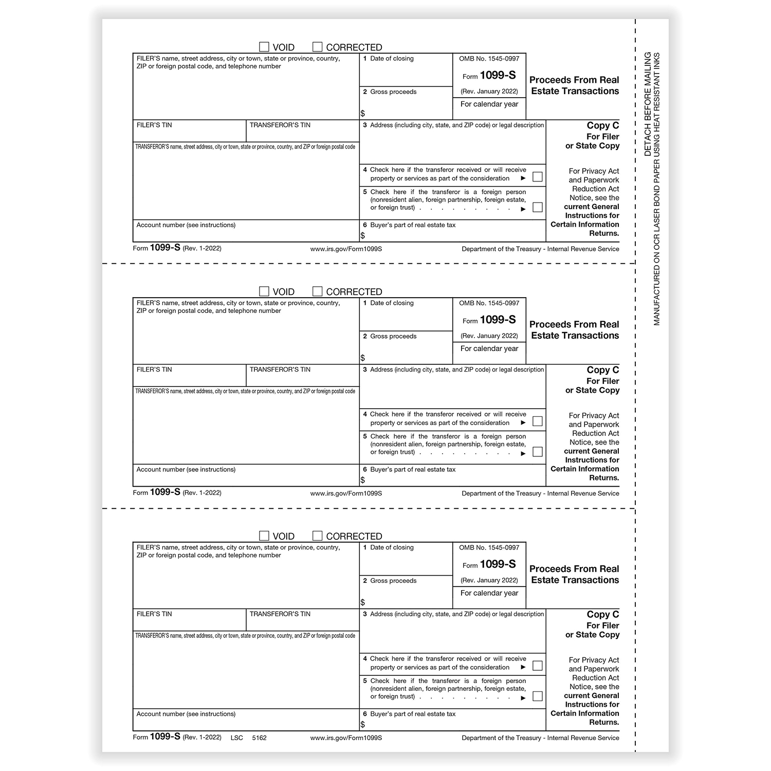 Picture of 1099-S, 3-Up, Filer or State Copy C, Proceeds from Real Estate Transactions (500 Sheets)