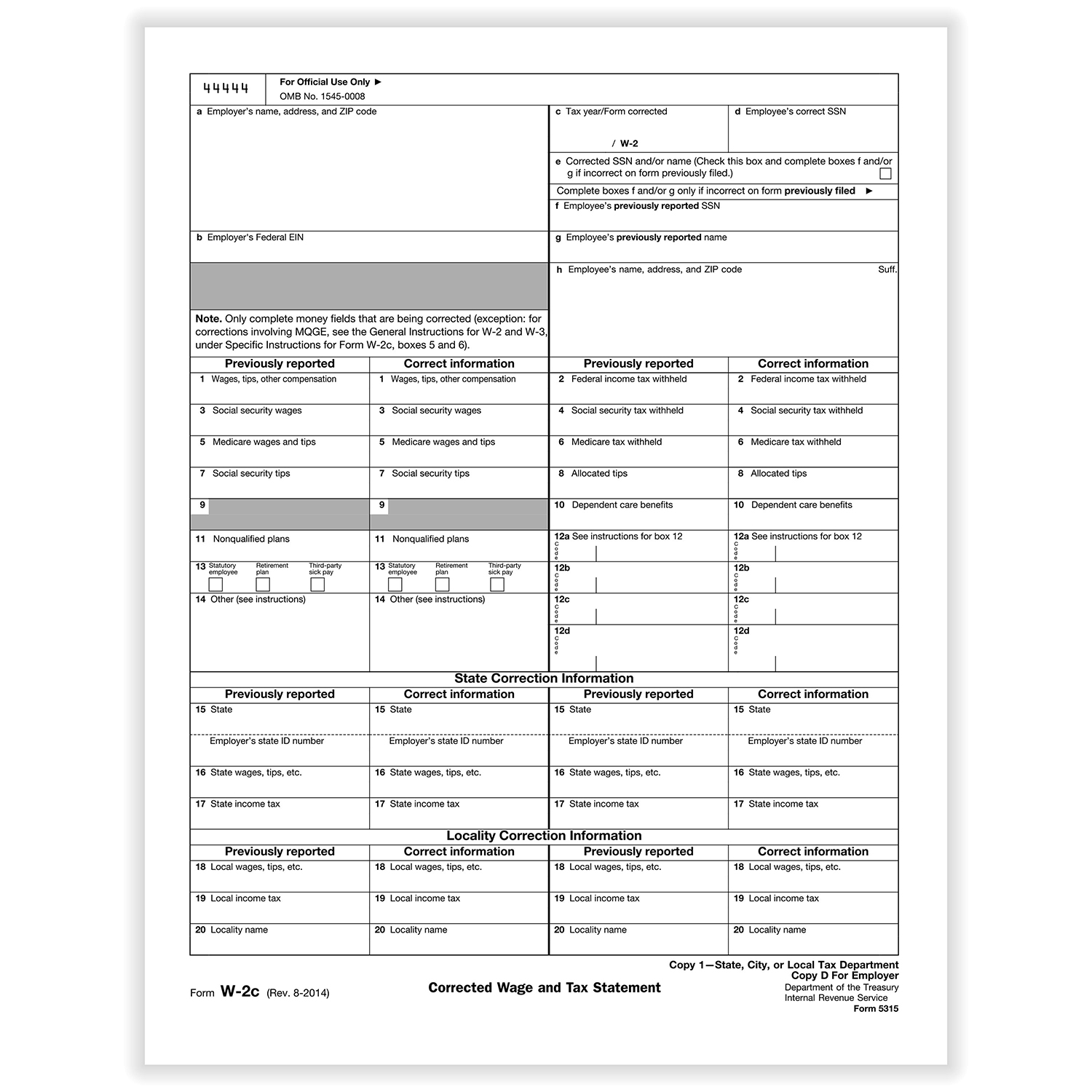 Picture of W-2C Employer State, City or Local Copy 1 or D, Corrected Income