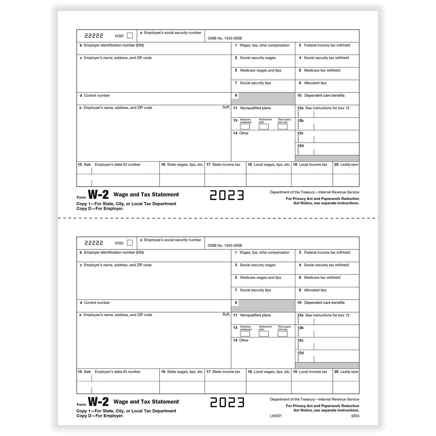 Picture of W-2 Employer Copy 1 or D State or City (500 Sheets)