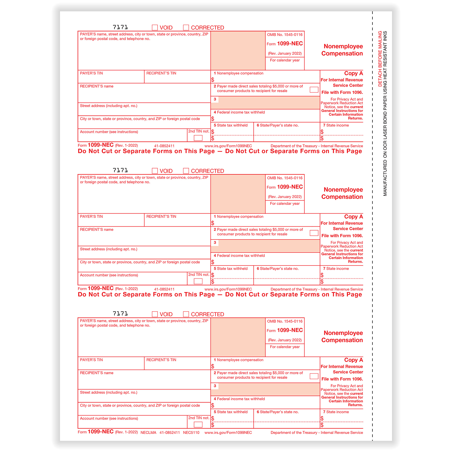 Picture of 1099-NEC, Federal Copy A, 3-Up (1,500 Forms)