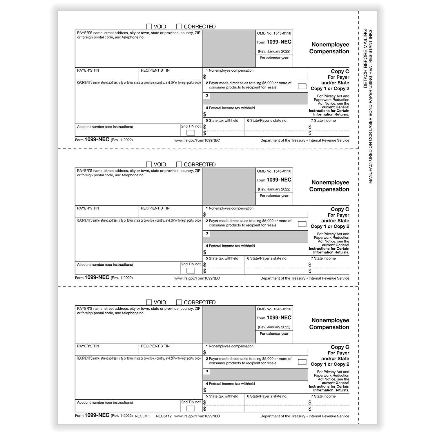 Picture of 1099-NEC, Payer/State Copy C, 3-Up (1,500 Forms)