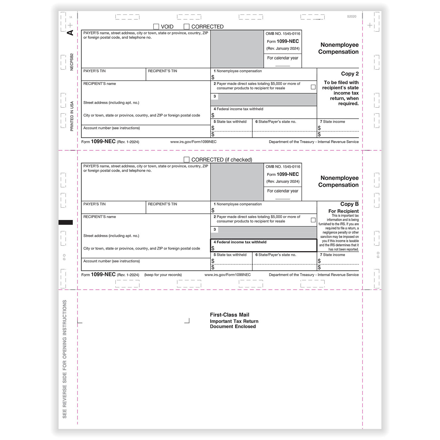 Picture of 1099-NEC Copy B & 2, 3-Up, Z-Fold, 11", Pack of 500 (1,500 Forms)