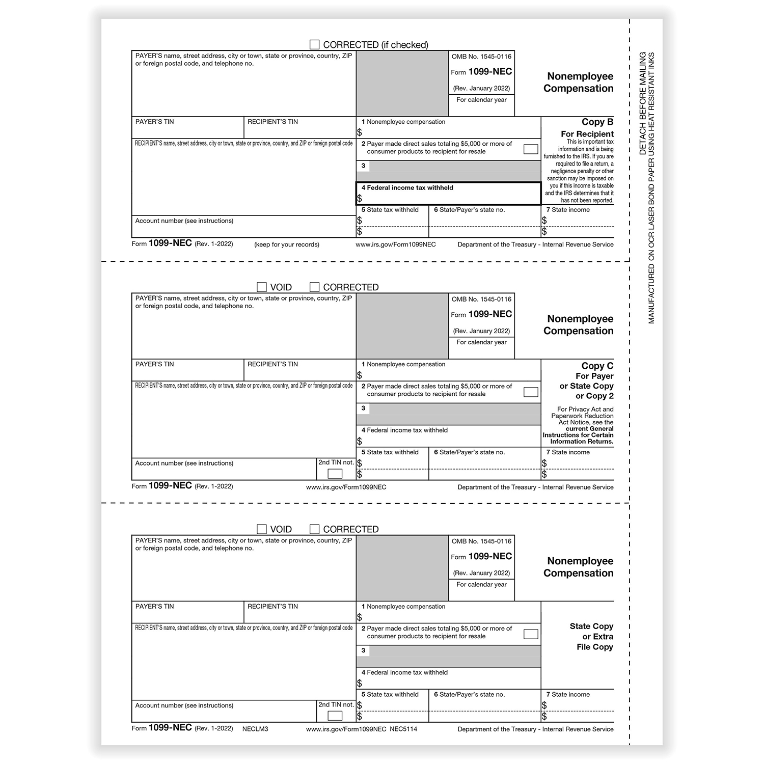 Picture of 1099-NEC, Rec Copy B, Payer/State Copy C & State/Extra File Copy (1,500 Forms)