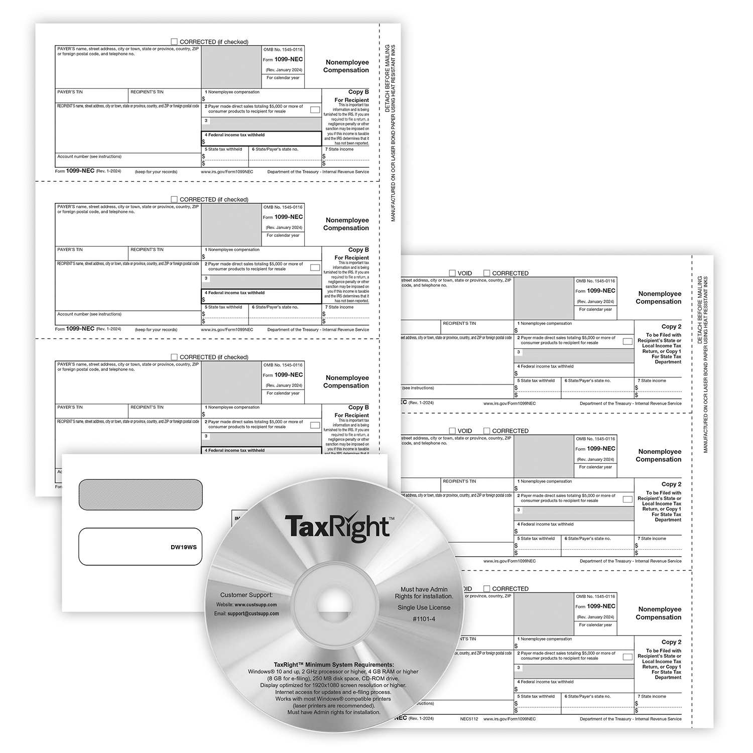 Picture of 1099-NEC REC Copy Only Tax Form Set, 3-Part, 2-Up, with Envelopes & TaxRight Software, Pack of 50