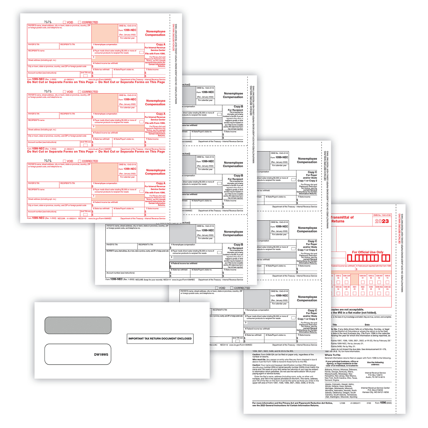 Picture of 1099-NEC Set, Copy A,B,C w/ Self-Seal Envelopes (DW19S) (20 Employees/Recipients)