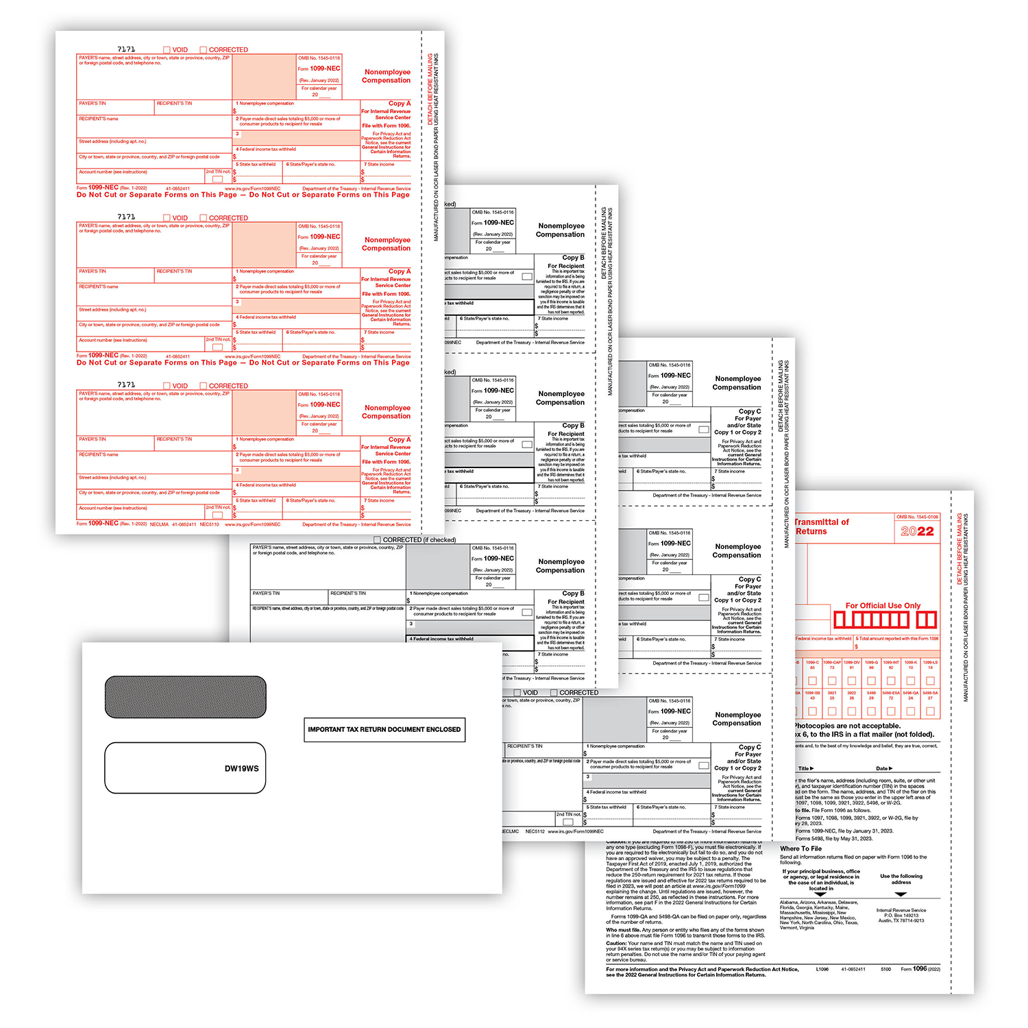 Picture of 1099-NEC Set, Copy A,B,C,C,2 w/ Self-Seal Envelopes (DW19S) (20 Employees/Recipients)