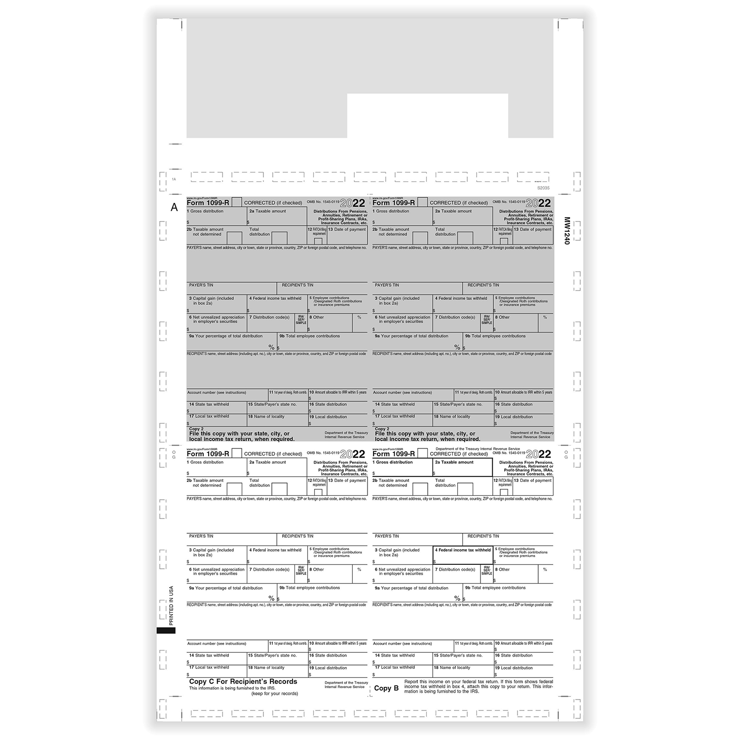 Picture of 1099-R, 4-Up Box, Copy 2,2,C & B, Eccentric Z-Fold, 14" (500 Sheets)