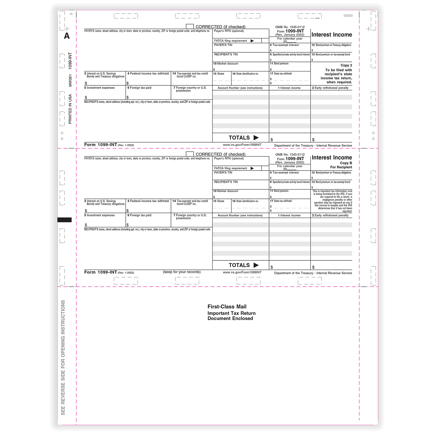 Picture of 1099-INT Printed Pressure Seal, Multiple Account, Copy B, Z-Fold Simplex, 11"