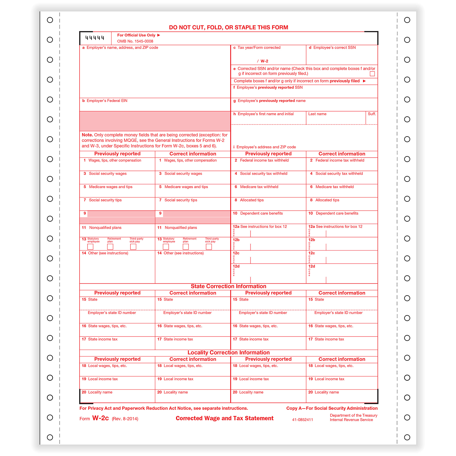 Picture of W-2C, 6-Part, 1-Wide, Dateless, Continuous, Corrected Income