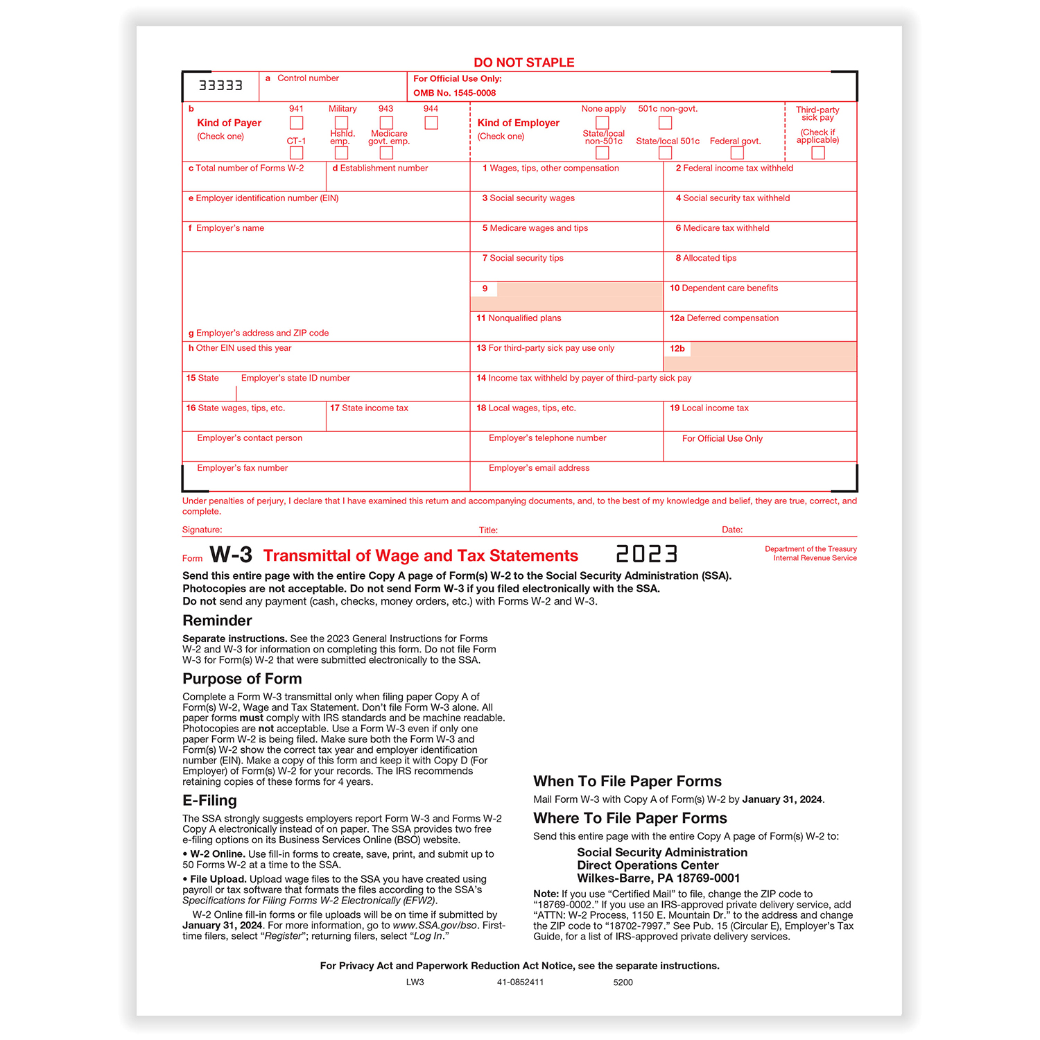 Picture of W-3 Summary/Transmittal, 2-Part