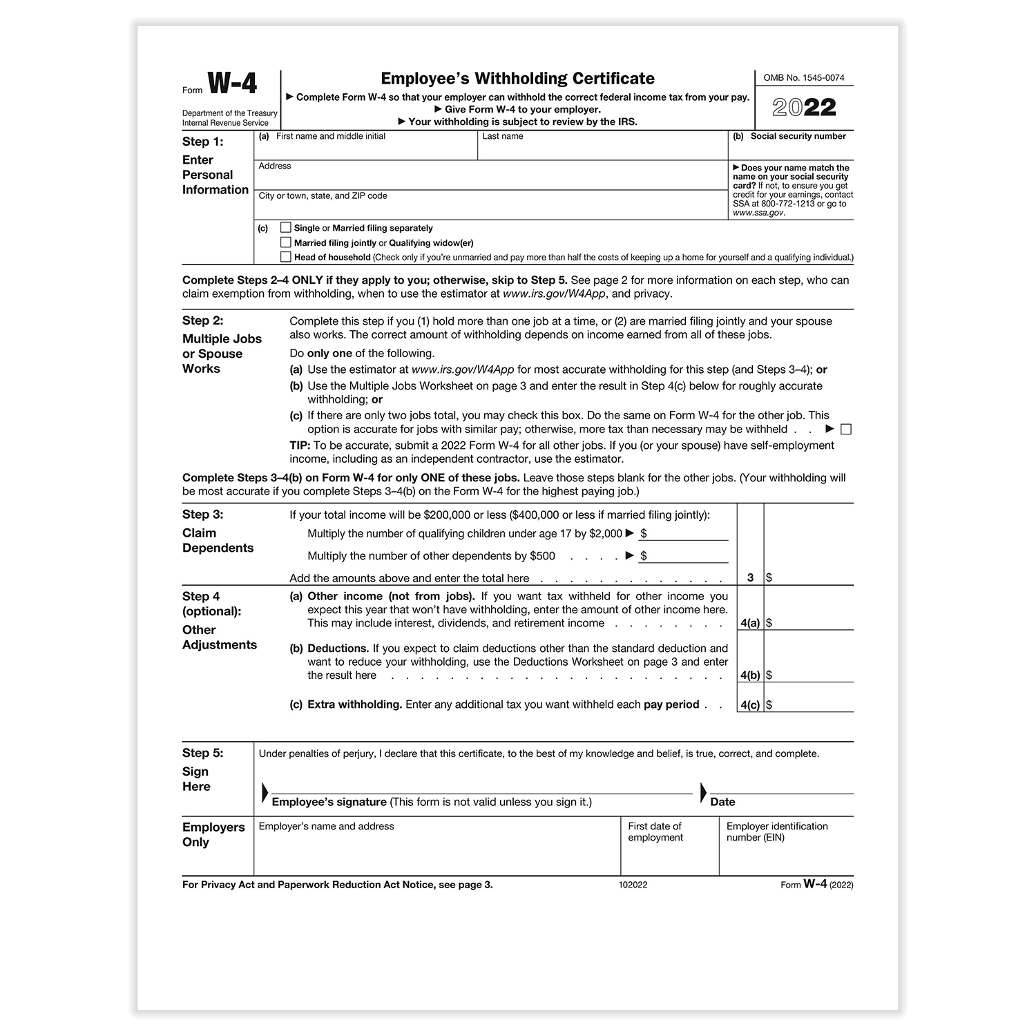 Picture of 2022 W-4 Employee's Withholding Allowance Form, 1-Part
