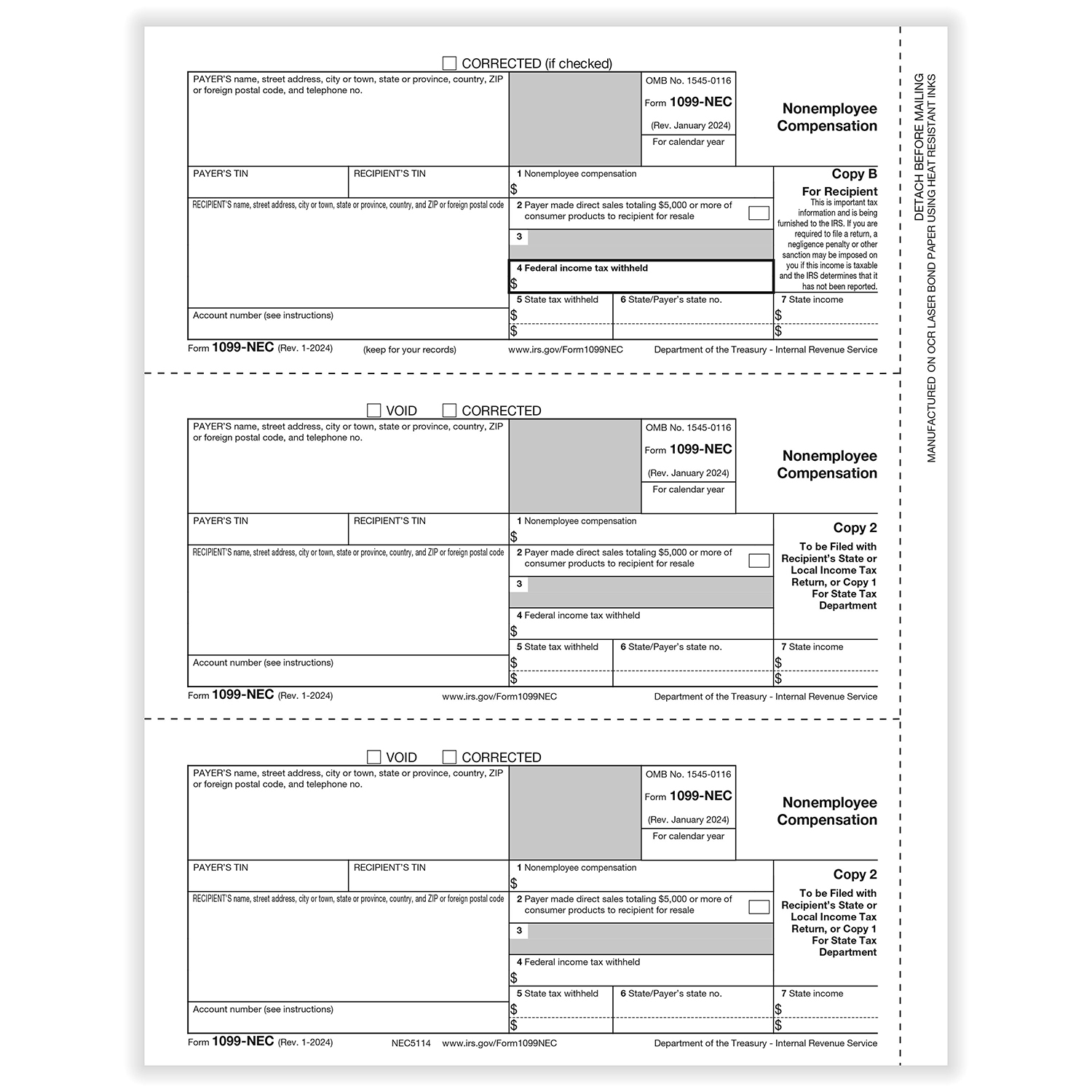 Picture of 1099-NEC, Rec Copy B, Payer/State Copy C & State/Extra File Copy, Pack of 50